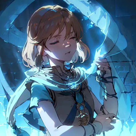 1girl. solo, focus, <lora:mist-nvwls-v1-final>, feMist, white scarf, orange vest, yellow dress, fingerless gloves, singing, soothing, (holding medallion, stone medallion:1.3) closed eyes, upper body, indoors, (fortress, bricks, coblestone, stone_wall:1.3), (blue fire:1.5), (front lighting, blue light, dark background, dramatic lighting, hard light:1.7)