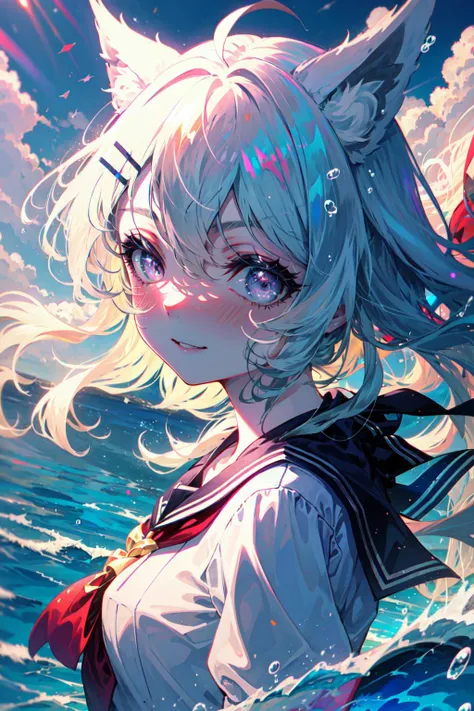 <lora:beautifulDetailedEyes_v10:1> 1girl, dynamic angle, depth of field, long white hair, purple eyes, wolf girl, wolf ears, fluffy tail, open smile, water, splash, waves, blush, (colorful), light particles, light rays, swimsuit, blue sky, cloud, sunny, sun