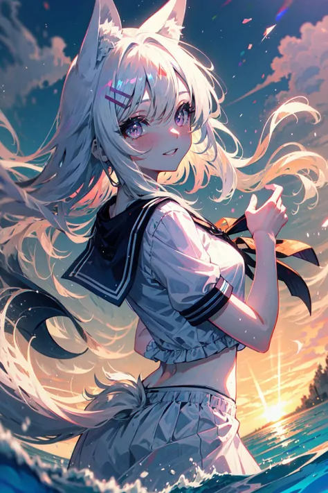 <lora:beautifulDetailedEyes_v10:1> 1girl, dynamic angle, depth of field, long white hair, purple eyes, wolf girl, wolf ears, fluffy tail, open smile, water, splash, waves, blush, (colorful), light particles, light rays, swimsuit, blue sky, cloud, sunny, sun