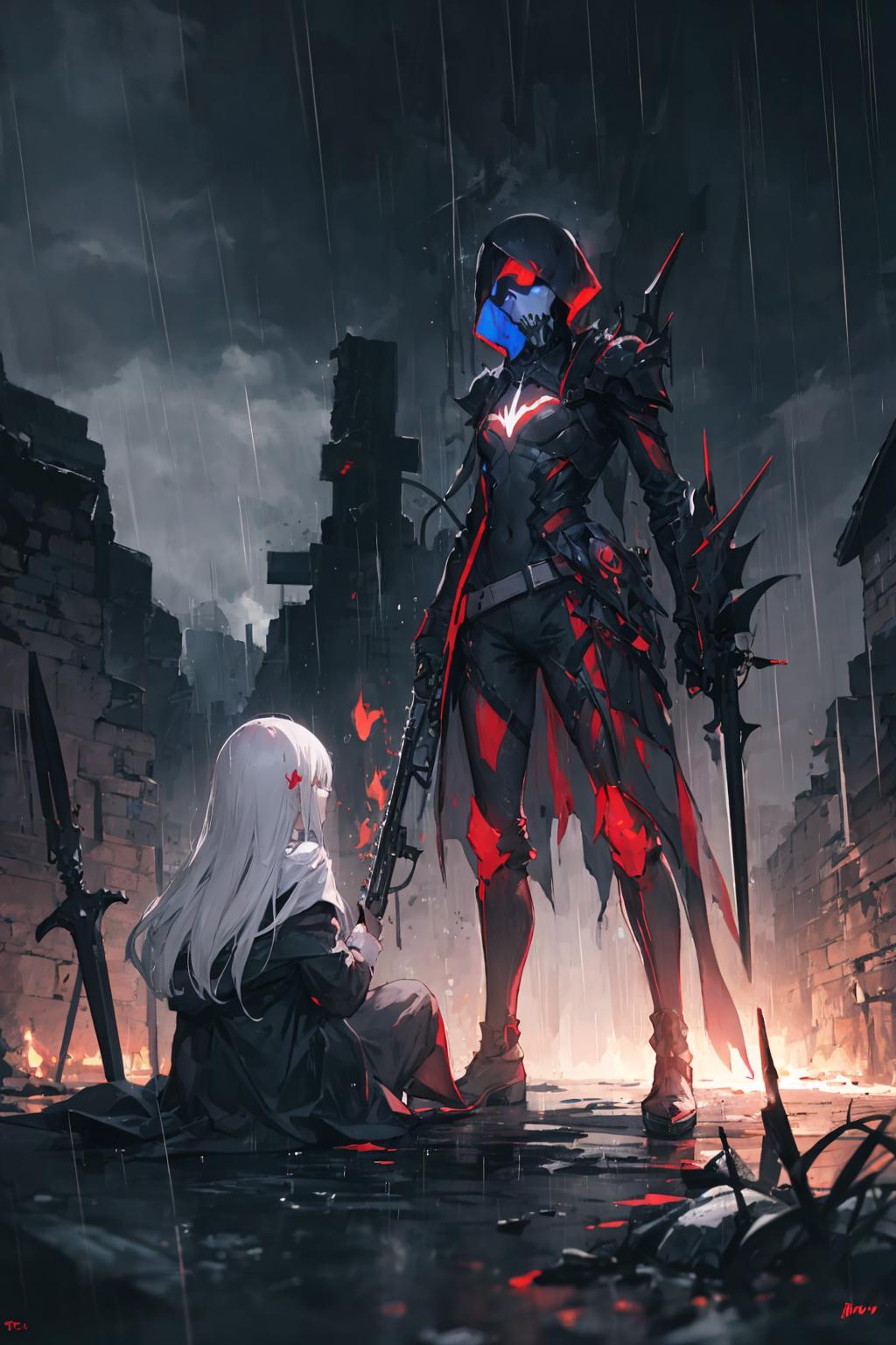 A couple of anime characters standing in the rain - SeaArt AI