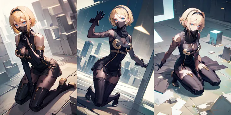 (otherworldly, otherworldly atmosphere, otherworldly appearance), highly insanely detailed, masterpiece, top quality, best quality, highres, 4k, 8k, RAW photo, <lora:operators-nvwls-v1:0.7>, op21o, short hair, hairband, mouth veil, bodysuit, bodystocking, black gloves, thigh boots, looking at viewer, furrowed brow, large breasts, blue eyes, kneeling, from above, city street, (fantasy world)