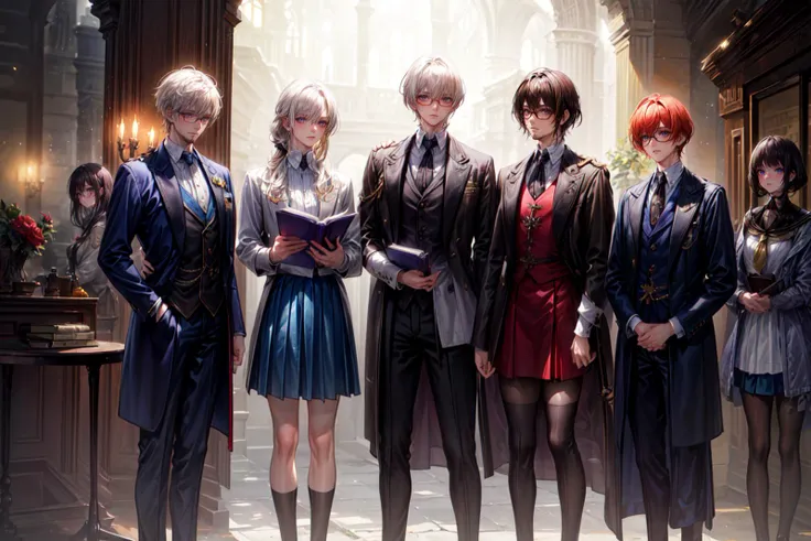 (magic:1.5), ((3 girls and 2 boys):1.3),
A tightly-knit group with diverse personalities, showcasing camaraderie and friendship.
( (one girl has red hair with a white uniform dress):1.1),
The red-haired girl exudes an aura of confidence. Her white uniform dress is adorned with subtle magical symbols, hinting at her proficiency in mystical arts.
((one girl is blond wearing a light blue skirt), (one girl has black hair with a book in hand and wears a purple dress and knee high white socks):1.1),
The blond girl radiates a gentle charm in her light blue skirt, while the black-haired companion carries a book filled with ancient spells. Their contrasting styles symbolize the diversity of magical talents.
((one of the boys is a middle aged muscular male professor with dark brown skin tone, grey hair, and a beard wearing a brown jacket):1.1),
The middle-aged professor stands as a pillar of wisdom and strength, His brown jacket is adorned with magical insignias, reflecting his years of experience in teaching the arcane arts. He wears a gardener's hat with a flower in it and a towel around his neck.
((one boy is a student with white hair and glasses):1.2), (magic academy:1.3),
The student boy with white hair and glasses possesses an inquisitive gaze, signifying his eagerness to learn and unravel the mysteries of magic.
masterpiece, portrait,
The composition should be a captivating portrait, showcasing the characters' personalities and magical prowess in a full-body shot.
full body shot,
<lora:add_detail:0.5> <lora:DW-000008:0.1> <lora:LAS:0.4> <lora:hairdetailer:0.4> <lora:more_details:0.4>