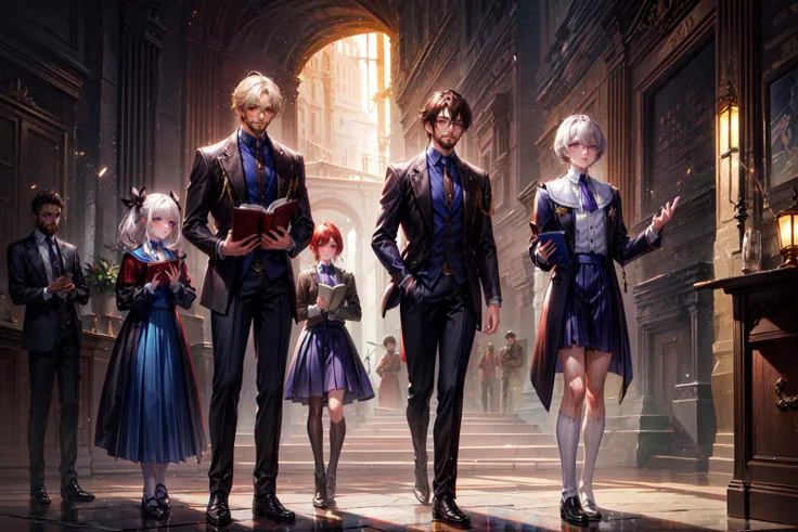 (magic:1.5), magic powers, akashic records, arcane magic, magic tools, library, magic artifacts, magic books,
((3 girls and 2 boys):1.3),
A tightly-knit group with diverse personalities, showcasing camaraderie and friendship.
( (one girl has red hair with a white uniform dress):1.1),
The red-haired girl exudes an aura of confidence. Her white uniform dress is adorned with subtle magical symbols, hinting at her proficiency in mystical arts.
((one girl is blond wearing a light blue skirt), (one girl has black hair with a book in hand and wears a purple dress and knee high white socks):1.1),
The blond girl radiates a gentle charm in her light blue skirt, while the black-haired companion carries a book filled with ancient spells. Their contrasting styles symbolize the diversity of magical talents.
((one of the boys is a middle aged muscular male professor with dark brown skin tone, grey hair, and a beard wearing a brown jacket):1.1),
The middle-aged professor stands as a pillar of wisdom and strength, His brown jacket is adorned with magical insignias, reflecting his years of experience in teaching the arcane arts. He wears a gardener's hat with a flower in it and a towel around his neck.
((one boy is a student with white hair and glasses):1.2), (magic academy:1.3),
The student boy with white hair and glasses possesses an inquisitive gaze, signifying his eagerness to learn and unravel the mysteries of magic.
masterpiece, portrait,
The composition should be a captivating portrait, showcasing the characters' personalities and magical prowess in a full-body shot.
full body shot,
<lora:add_detail:0.5> <lora:DW-000008:0.1> <lora:LAS:0.4> <lora:hairdetailer:0.4> <lora:more_details:0.4>