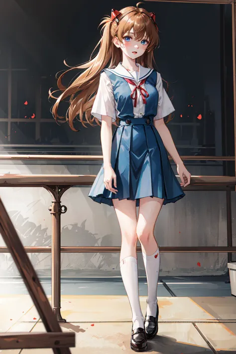 1girl, souryuu asuka langley, solo, blue eyes, school uniform, interface headset, suspender skirt, red ribbon, white shirt, school uniform, socks, shoes,
standing, window, short sleeves, kneehighs, full body, blue skirt, ribbon, tokyo-3 middle school uniform, bangs, white shirt, shirt, two side up, mary janes,
brown hair, red ribbon, closed mouth, blush, headgear,(masterpiece:1,2), best quality, masterpiece, highres, original, extremely detailed wallpaper,