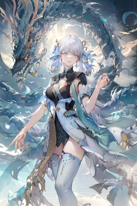 masterpiece, high quality, Jinxi, Jinxi's def clothes, 1girl, jewelry, dress, long hair, white hair, mole under eye, seductive leaning forward detailed skin, battlefield, shockwave, light beam, ultra realistic 8k cg, picture-perfect face, flawless, clean, professional artwork, famous artwork, cinematic lighting, cinematic bloom, perfect face, (young:1.1), ((fit figure)), ((25 year old)), beautiful face, detail eyes, detail face, (((perfect female body, narrow waist))), (lage breasts:1.2), looking at viewer, the dragon behind girl, Chinese dragon, details the dragon, loong, <lora:loong2-000015:0.7>, <lora:Jinxi-v100-000019:0.9>