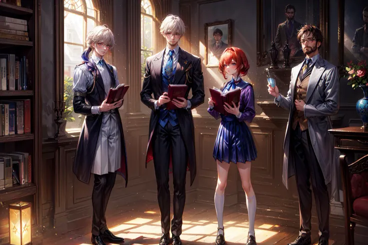 (magic:1.5), magic powers, akashic records, arcane magic, magic tools, library, magic artifacts, magic books,
((3 girls and 2 boys):1.3),
A tightly-knit group with diverse personalities, showcasing camaraderie and friendship.
( (one girl has red hair with a white uniform dress):1.1),
The red-haired girl exudes an aura of confidence. Her white uniform dress is adorned with subtle magical symbols, hinting at her proficiency in mystical arts.
((one girl is blond wearing a light blue skirt), (one girl has black hair with a book in hand and wears a purple dress and knee high white socks):1.1),
The blond girl radiates a gentle charm in her light blue skirt, while the black-haired companion carries a book filled with ancient spells. Their contrasting styles symbolize the diversity of magical talents.
((one of the boys is a middle aged muscular male professor with dark brown skin tone, grey hair, and a beard wearing a brown jacket):1.1),
The middle-aged professor stands as a pillar of wisdom and strength, His brown jacket is adorned with magical insignias, reflecting his years of experience in teaching the arcane arts. He wears a gardener's hat with a flower in it and a towel around his neck.
((one boy is a student with white hair and glasses):1.2), (magic academy:1.3),
The student boy with white hair and glasses possesses an inquisitive gaze, signifying his eagerness to learn and unravel the mysteries of magic.
masterpiece, portrait,
The composition should be a captivating portrait, showcasing the characters' personalities and magical prowess in a full-body shot.
full body shot,
<lora:add_detail:0.5> <lora:DW-000008:0.1> <lora:LAS:0.4> <lora:hairdetailer:0.4> <lora:more_details:0.4>
