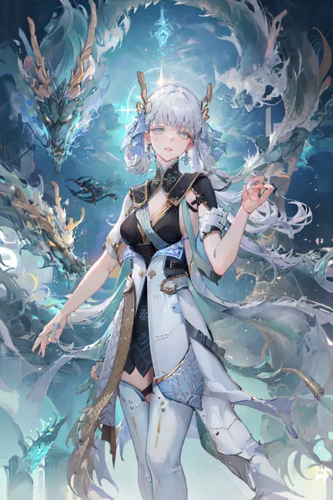 masterpiece, high quality, Jinxi, Jinxi's def clothes, 1girl, jewelry, dress, long hair, white hair, mole under eye, seductive leaning forward detailed skin, battlefield, shockwave, light beam, ultra realistic 8k cg, picture-perfect face, flawless, clean, professional artwork, famous artwork, cinematic lighting, cinematic bloom, perfect face, (young:1.1), ((fit figure)), ((25 year old)), beautiful face, detail eyes, detail face, (((perfect female body, narrow waist))), (lage breasts:1.2), looking at viewer, the dragon behind girl, Chinese dragon, details the dragon, loong, <lora:loong2-000015:0.7>, <lora:Jinxi-v100-000019:0.9>