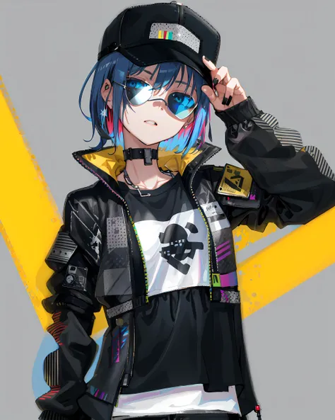 masterpiece, best_quality, absurdres, ultra-detailed, extremely_detailed, 1girl, (techwear:1.4), baseball_cap, black_headwear, black_nails, blue_choker, blue_eyes, grey_hair, casual, choker, head_tilt, short_hair, bob_cut, swept_bangs, single_sidelock, long_sleeves, looking_at_viewer, (multicolored_clothes, two-tone_techwear, blue_techwear, black_techwear:1.2), nail_polish, partially_unzipped, piercing, shirt, solo, star_earrings, (sunglasses:1.4), upper_body, t-shirt, collarbone, white_shirt, clothes_writing, scenery, outdoors, city, gold_chain, sunlight, parted_lips, dynamic_angle, dutch_angle,
