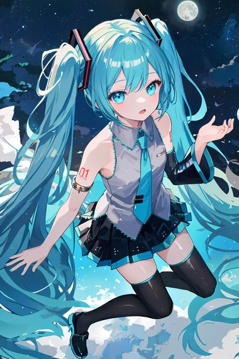 1girl,
hatsune miku,
solo,full body,fantasy,dreamlike,night,a dreamy scene,aqua nails,long hair,aqua eyes,necktie,starry sky,black footwear,armlet,open mouth,sky,moon,sleeveless shirt,shirt,black skirt,pleated skirt,small stellated dodecahedron,very long hair,stellated octahedron,aqua necktie,tattoo,night sky,sleeveless,from above,thighhighs,grey shirt,bare shoulders,black thighhighs,shoulder tattoo,twintails,star \(sky\),skirt,detached sleeves,absurdly long hair,looking up,
,<lora:chuyin-000022:0.8>