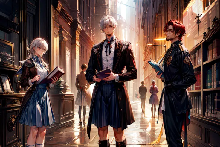 (magic:1.5), magic powers, akashic records, arcane magic, magic tools, library, magic artifacts, magic books,
((3 girls and 2 boys):1.3),
A tightly-knit group with diverse personalities, showcasing camaraderie and friendship.
( (one girl has red hair with a white uniform dress):1.1),
The red-haired girl exudes an aura of confidence. Her white uniform dress is adorned with subtle magical symbols, hinting at her proficiency in mystical arts.
((one girl is blond wearing a light blue skirt), (one girl has black hair with a book in hand and wears a purple dress and knee high white socks):1.1),
The blond girl radiates a gentle charm in her light blue skirt, while the black-haired companion carries a book filled with ancient spells. Their contrasting styles symbolize the diversity of magical talents.
((one of the boys is a middle aged muscular male professor with dark brown skin tone, grey hair, and a beard wearing a brown jacket, dark skin):1.1),
The middle-aged professor stands as a pillar of wisdom and strength, His brown jacket is adorned with magical insignias, reflecting his years of experience in teaching the arcane arts. He wears a gardener's hat with a flower in it and a towel around his neck.
((one boy is a student with white hair and glasses):1.2), (magic academy:1.3),
The student boy with white hair and glasses possesses an inquisitive gaze, signifying his eagerness to learn and unravel the mysteries of magic.
masterpiece, portrait,
The composition should be a captivating portrait, showcasing the characters' personalities and magical prowess in a full-body shot.
full body shot,
<lora:add_detail:0.5> <lora:DW-000008:0.1> <lora:LAS:0.4> <lora:hairdetailer:0.4> <lora:more_details:0.4> <lora:JZCG022-Citywalker:0.4> JZCG022 <lora:fstyle03-000005:0.6>
