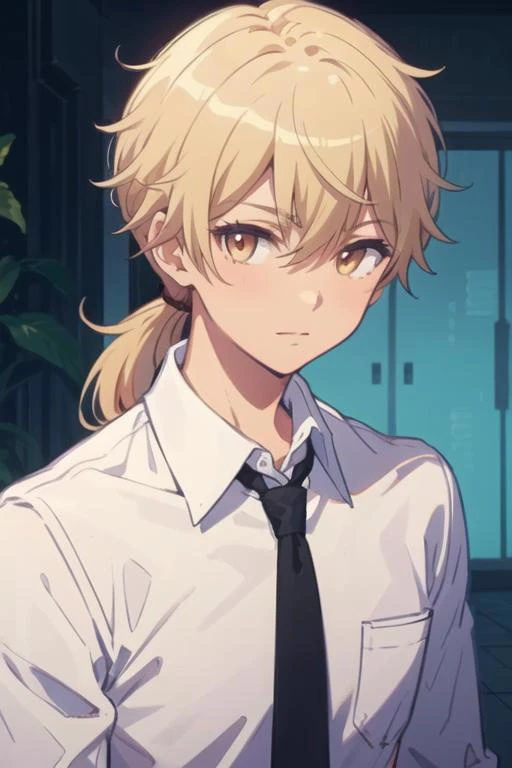 masterpiece, best quality, high quality, 1boy, solo, male focus, looking at viewer, upper body, <lora:ashura_kokuhou:0.64>, ashura_kokuhou, brown eyes, blonde hair, ponytail, , formal, necktie, dress shirt