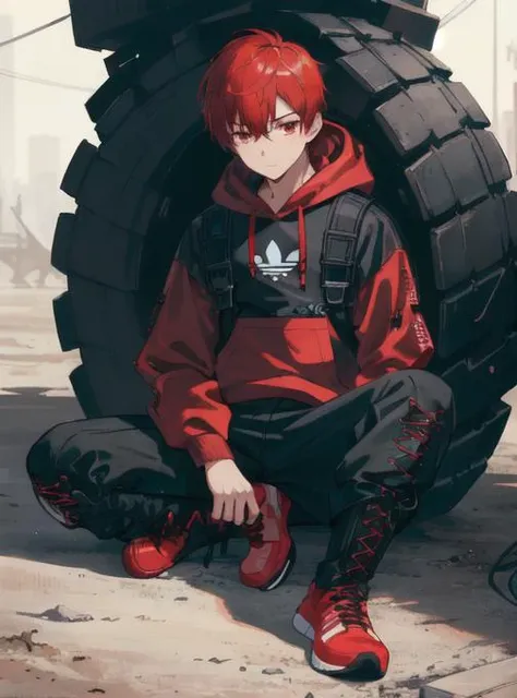 (AS-Young:1.3), <lyco:GoodHands-beta2:1.0>,
(1boy:1.3), (male focus:1.3), solo, solo focus,
masterpiece, ((exquisite_detail)), illustration, (handsome), extremely_detailed_CG,
red eyes, red hair, (harness:1.3),
(oversized black hoodie:1.2), (midriff:0.1), (adidas:1.1),
blush, (bulge:0.1), science fiction, (lace-up boots:1.3), cargo pants, techwear