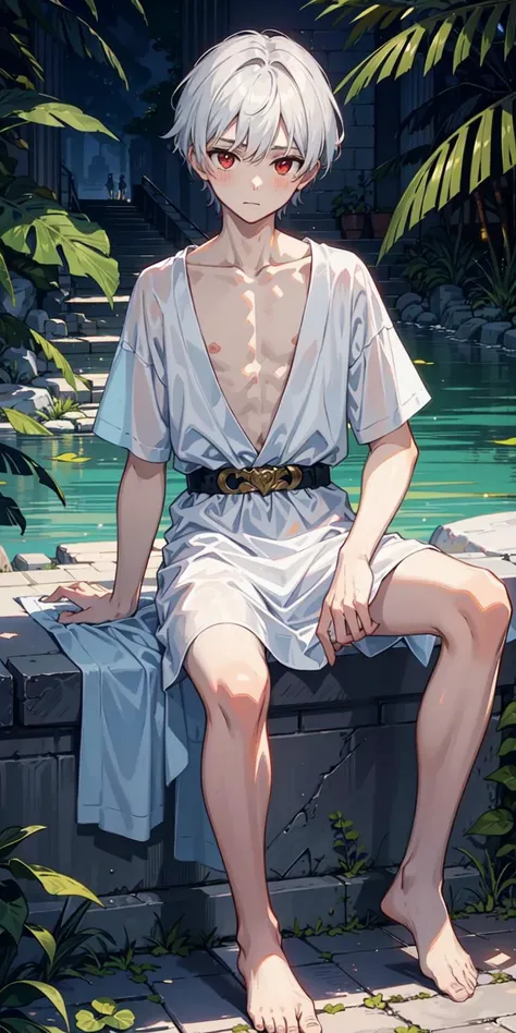 (AS-Young:1.3), <lyco:GoodHands-beta2:0.75>,
(1boy:1.3), (male focus:1.2), solo, solo focus,
masterpiece, ((exquisite_detail)), illustration, (handsome), extremely_detailed_CG,
red eyes, white hair,
blush,
greek tunic, white tunic, leaf, looking at viewer, greek temple, lake, sitting down, (spread legs:0.9), barefoot,