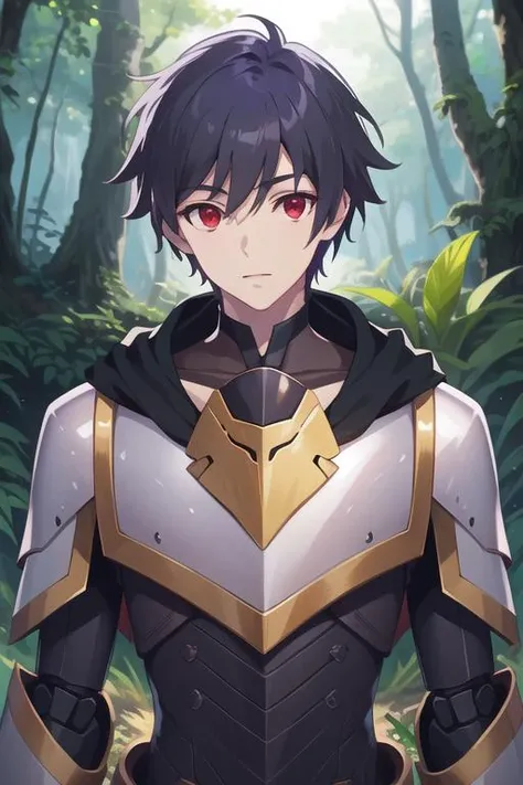 masterpiece, best quality, wallpaper, 1boy, solo, male focus, looking at viewer, upper body, depth of field, <lora:leo_demonheart:0.72>, leo_demonheart, red eyes, black hair, robot costume, An enchanted forest where magical creatures and plants abound, High resolution