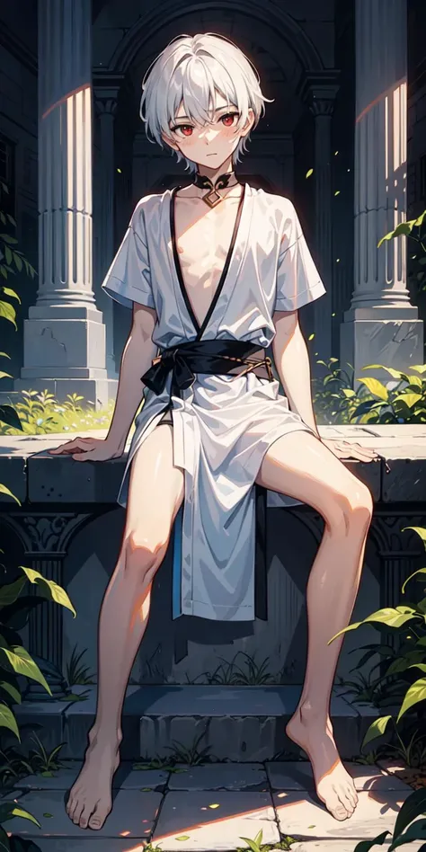 (AS-Young:1.3), <lyco:GoodHands-beta2:0.75>,
(1boy:1.3), (male focus:1.2), solo, solo focus,
masterpiece, ((exquisite_detail)), illustration, (handsome), extremely_detailed_CG,
red eyes, white hair,
blush,
greek tunic, white tunic, leaf, looking at viewer, greek temple, lake, sitting down, (spread legs:0.9), (barefoot:0.9),