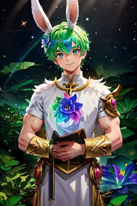 1boy, male focus, looking at viewer, bunny ears, huge eyes, priest boy, forest, glitter, moss\(style\), fern, rose, lily, sunny, foggy, rainbow eye, hyperdetailed, rainbow iris, epic, EyeD, muscular arms, bare arms, cute smile, rainbow feathers, FluffyStyle