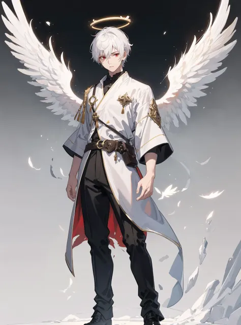 magic,western clothing style,original character design,game characters,(masterpieces:1, 2),best quality,masterpieces,high definition,original,(white background),simple background,(1boy),solo,full body,standing,male focus,white hair,red eyes,halo,feathered wings,white wings,angel,angel wings,