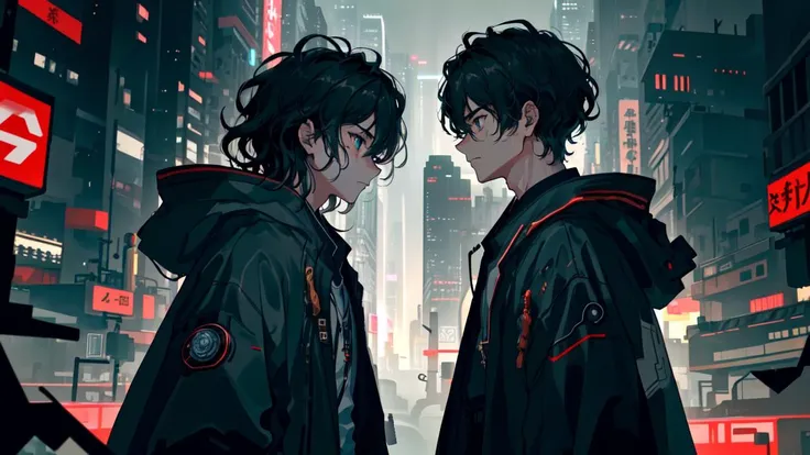 best quality,masterpiece,beautiful,extremely detailed CG unity 8k wallpaper, Concise flat design,To be embellished with fog and dim lights, cyberpunk city background, (1boy, dark wavy hair, student boy), beautiful boy, side view, (serious, focused, determined, frowning), expressive face, black race costume, futuristic, Japanese streetwear, retrofuturism, highly detailed, <lora:CyberpunkStyleV1:0.7>, <lora:edgFuturistic1:0.3> ,