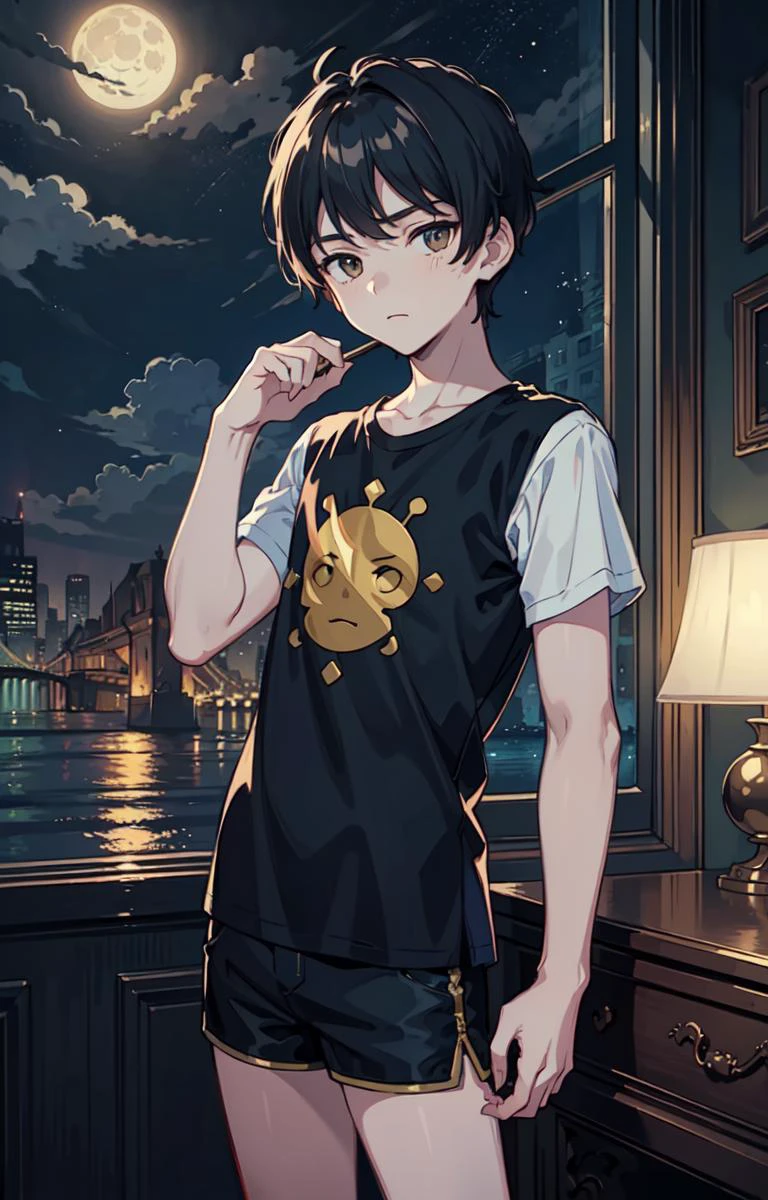 (AS-Young:1.3), <lyco:GoodHands-beta2:0.75>,
(1boy:1.3), (male focus:1.3), (solo:1.1), solo focus,
masterpiece, ((exquisite_detail)), illustration, (handsome), extremely_detailed_CG, t-shirt,
night, large moon, moon, short shorts,