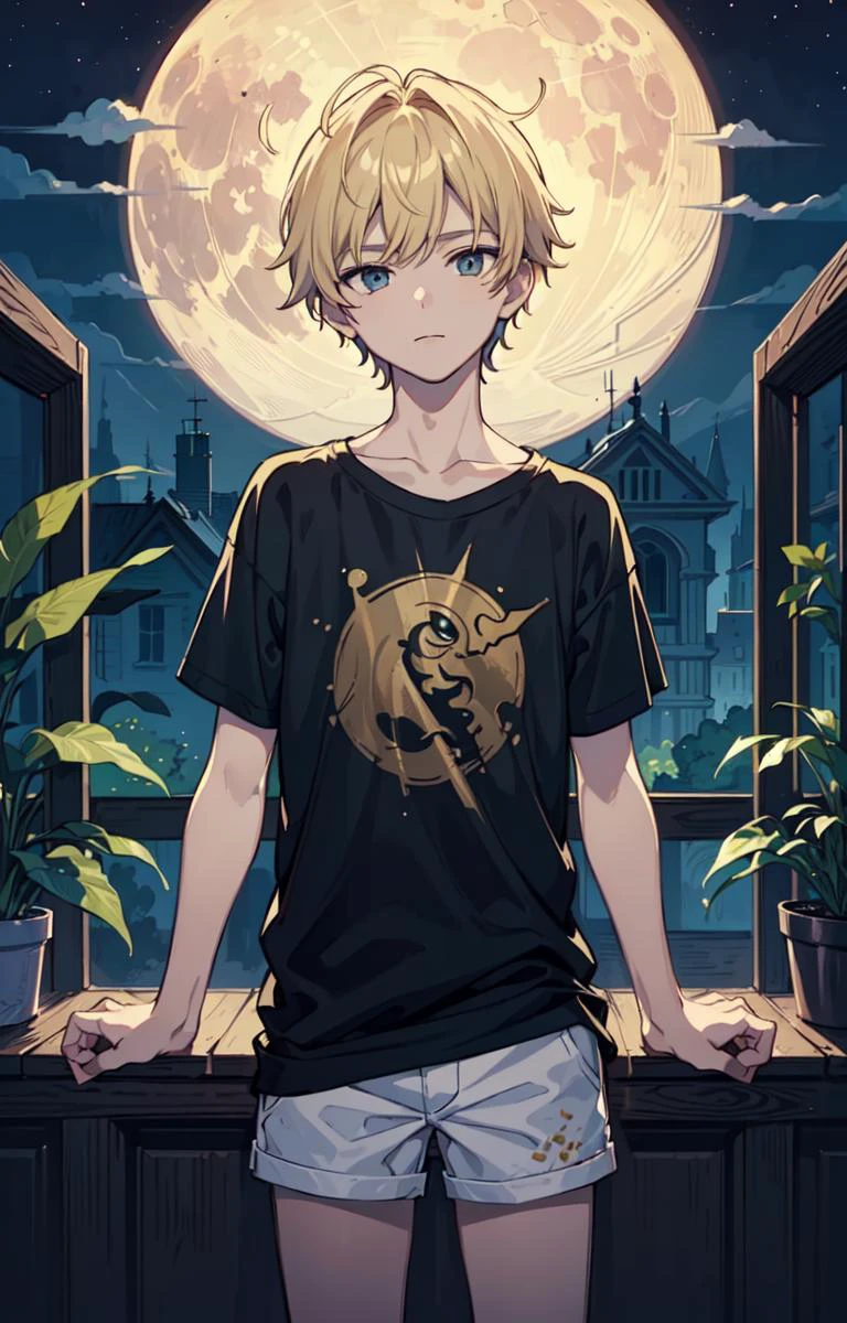 (AS-Young:1.3), <lyco:GoodHands-beta2:0.75>,
(1boy:1.3), (male focus:1.3), (solo:1.1), solo focus,
masterpiece, ((exquisite_detail)), illustration, (handsome), extremely_detailed_CG,
blonde hair,
t-shirt,
night, moon, short shorts,