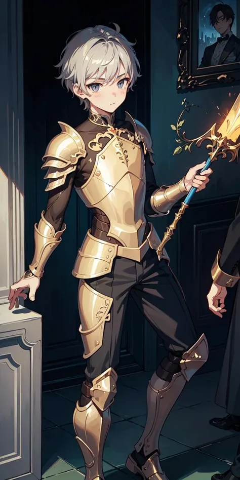 (AS-Young:1.2), <lyco:GoodHands-beta2:0.75>,
(1boy:1.3), (male focus:1.3), (solo:1.1), solo focus,
masterpiece, ((exquisite_detail)), illustration, (handsome), extremely_detailed_CG,
grey eyes, golden hair,
standing,
knight, armor, leg armor,
blush