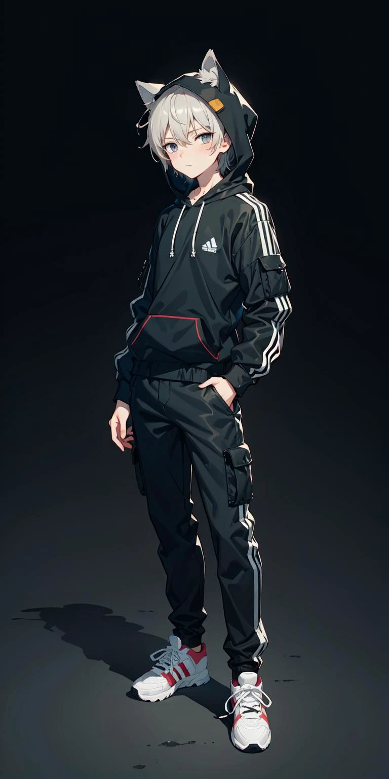 (AS-Young:1.1), <lyco:GoodHands-beta2:0.75>,
(1boy:1.3), (male focus:1.3), (solo:1.1), solo focus,
masterpiece, ((exquisite_detail)), illustration, (handsome), extremely_detailed_CG,
grey eyes, golden hair,
short shorts, simple background,
black hoodie, (hood up:1.1), adidas, standing, cat ears, (cargo pants:1.1), lace-up boots,
blush, (bulge:1.1), (adidas:1.0), long sleeves, techwear,