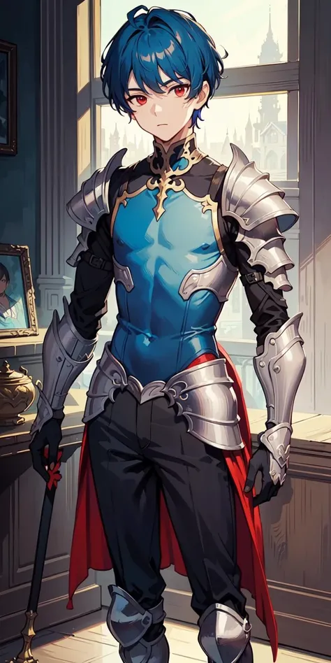 (AS-Young:1.3), <lyco:GoodHands-beta2:0.75>,
(1boy:1.3), (male focus:1.3), (solo:1.1), solo focus,
masterpiece, ((exquisite_detail)), illustration, (handsome), extremely_detailed_CG,
red eyes, blue hair, 
standing, knight, chest armor, 
(armor:1.0),