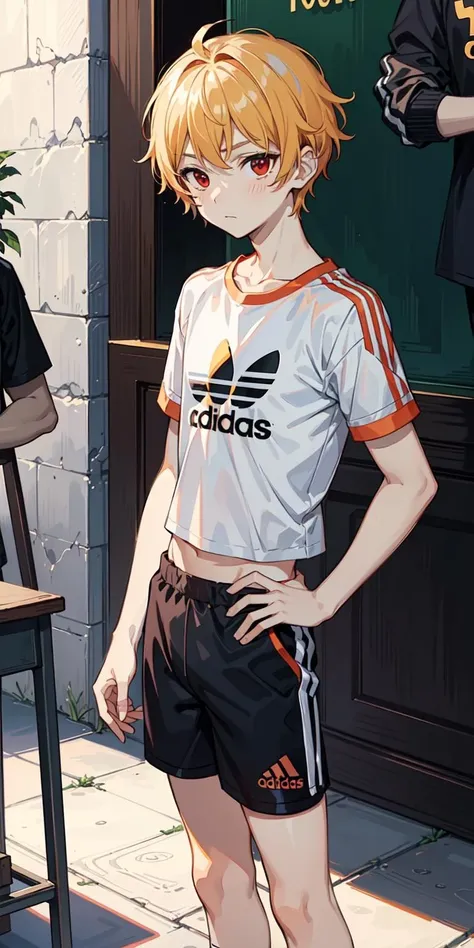 (AS-Young:1.2), <lyco:GoodHands-beta2:0.75>,
(1boy:1.3), (male focus:1.3), (solo:1.1), solo focus,
masterpiece, ((exquisite_detail)), illustration, (handsome), extremely_detailed_CG,
red eyes, golden hair,
short shorts,
(crop t-shirt:1.0), adidas, midriff, standing,
blush, (bulge:1.1), (short shorts:1.0), (adidas:1.0),