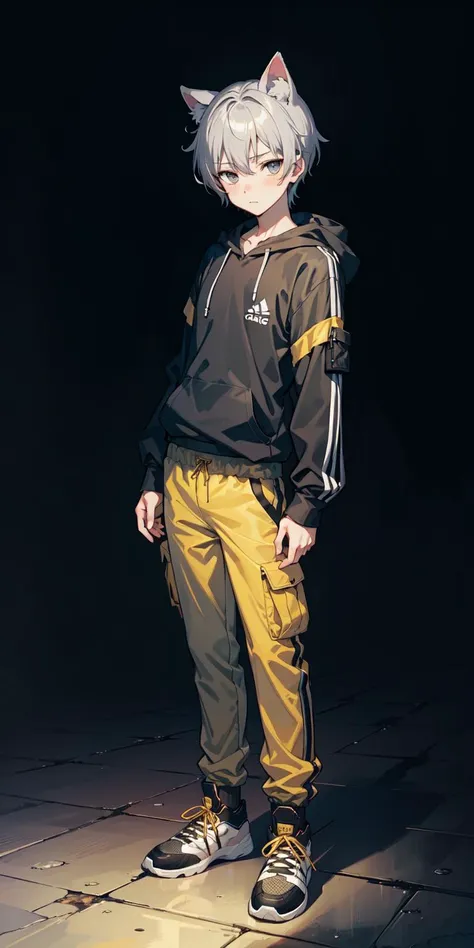 (AS-Young:1.1), <lyco:GoodHands-beta2:0.75>,
(1boy:1.3), (male focus:1.3), (solo:1.1), solo focus,
masterpiece, ((exquisite_detail)), illustration, (handsome), extremely_detailed_CG,
grey eyes, golden hair,
short shorts, simple background,
golden hoodie, (hood up:1.1), adidas, standing, cat ears, (cargo pants:1.1), lace-up boots,
blush, (bulge:1.1), (adidas:1.0), long sleeves, techwear,
