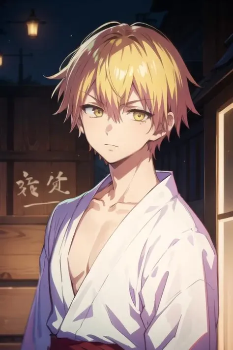 masterpiece, best quality, high quality, 1boy, solo, male focus, looking at viewer, upper body, <lora:ramune:0.54>, ramune, blonde hair, yellow eyes, hair between eyes, , yukata