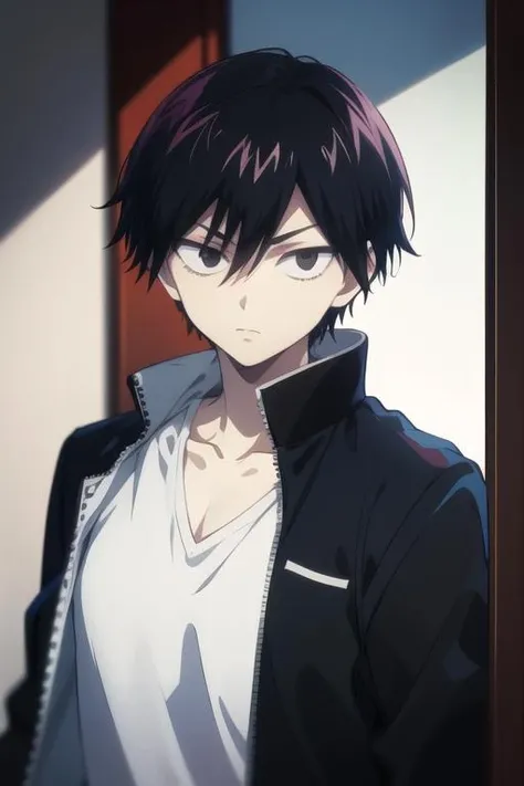 masterpiece, best quality, high quality, 1boy, solo, male focus, looking at viewer, upper body, <lora:kuro:0.70>, kuro, black hair, black eyes, short hair, , jacket