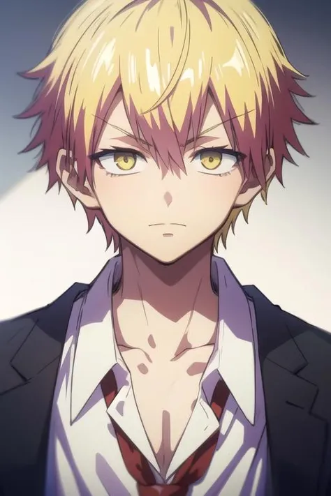 masterpiece, best quality, high quality, 1boy, solo, male focus, looking at viewer, upper body, <lora:ramune:0.70>, ramune, blonde hair, yellow eyes, hair between eyes, , school uniform