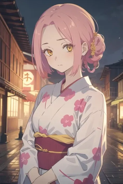 masterpiece, best quality, high quality, 1girl, solo, looking at viewer, upper body, <lora:mei:0.56>, mei, pink hair, , yellow eyes, , yukata