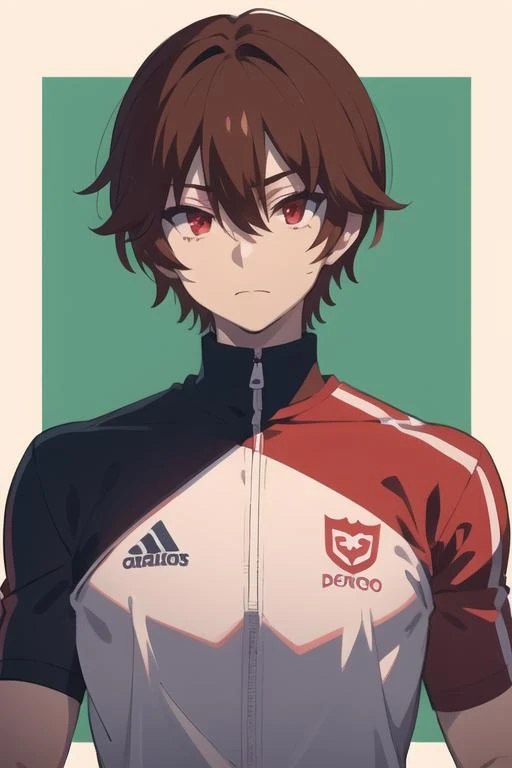 masterpiece, best quality, high quality, 1boy, solo, male focus, looking at viewer, upper body, <lora:keyaru_kaifuku_jutsushi:0.70>, keyaru_kaifuku_jutsushi, brown hair, red eyes, hair between eyes, , sportswear