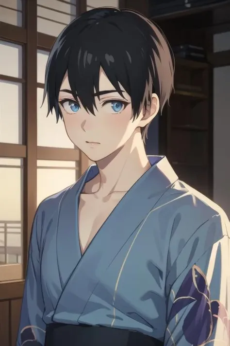 masterpiece, best quality, high quality, 1boy, solo, male focus, looking at viewer, upper body, <lora:nagi_umino:0.62>, nagi_umino, black hair, blue eyes, hair between eyes, realistic, yukata