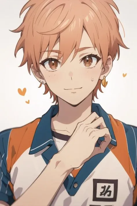 masterpiece, best quality, high quality, 1boy, solo, male focus, looking at viewer, upper body, <lora:shion_asuma:0.68>, shion_asuma, brown eyes, orange hair, jewelry, , sportswear
