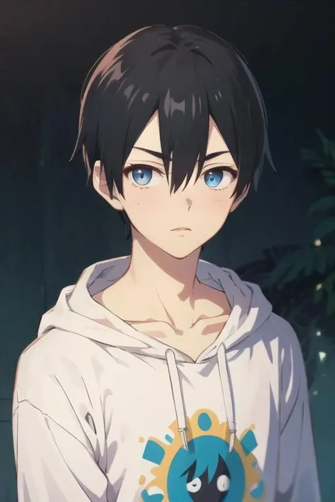 masterpiece, best quality, high quality, 1boy, solo, male focus, looking at viewer, upper body, <lora:nagi_umino:0.62>, nagi_umino, black hair, blue eyes, hair between eyes, , hoodie
