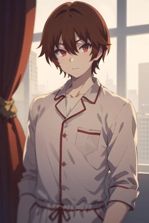 masterpiece, best quality, high quality, 1boy, solo, male focus, looking at viewer, upper body, <lora:keyaru_kaifuku_jutsushi:0.76>, keyaru_kaifuku_jutsushi, brown hair, red eyes, hair between eyes, , pajamas