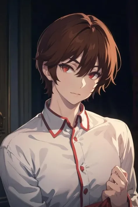masterpiece, best quality, high quality, 1boy, solo, male focus, looking at viewer, upper body, <lora:keyaru_kaifuku_jutsushi:0.76>, keyaru_kaifuku_jutsushi, brown hair, red eyes, hair between eyes, realistic, pajamas