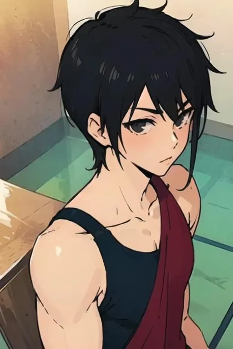 masterpiece, best quality, high quality, 1boy, solo, male focus, looking at viewer, upper body, <lora:hatz_kami_no_tou:0.78>, hatz_kami_no_tou, black hair, black eyes, , sportswear