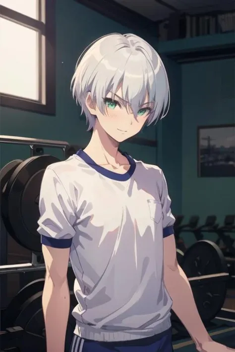 masterpiece, best quality, high quality, 1boy, solo, male focus, looking at viewer, upper body, <lora:hiroto_suzuki:0.64>, hiroto_suzuki, green eyes, white hair, realistic, gym uniform