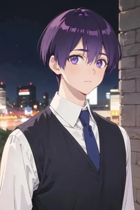 masterpiece, best quality, high quality, 1boy, solo, male focus, looking at viewer, upper body, <lora:yuuki_izumi:0.66>, yuuki_izumi, purple eyes, purple hair, realistic,