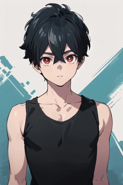 masterpiece, best quality, high quality, 1boy, solo, male focus, looking at viewer, upper body, <lora:kabane_kusaka:0.52>, kabane_kusaka, black hair, red eyes, hair between eyes, , tank top