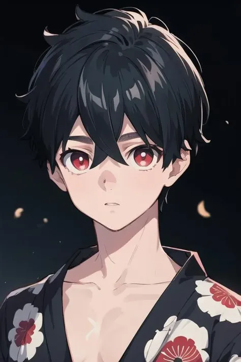 masterpiece, best quality, high quality, 1boy, solo, male focus, looking at viewer, upper body, <lora:kabane_kusaka:0.52>, kabane_kusaka, black hair, red eyes, hair between eyes, , yukata