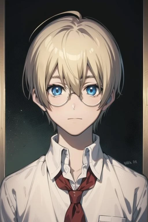 masterpiece, best quality, high quality, 1boy, solo, male focus, looking at viewer, upper body, <lora:william_macbeth:0.54>, william_macbeth, blonde hair, glasses, blue eyes, , school uniform