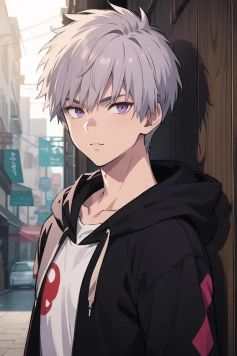 masterpiece, best quality, high quality, 1boy, solo, male focus, looking at viewer, upper body, <lora:shiki_tademaru:0.52>, shiki_tademaru, purple eyes, grey hair, realistic, hoodie