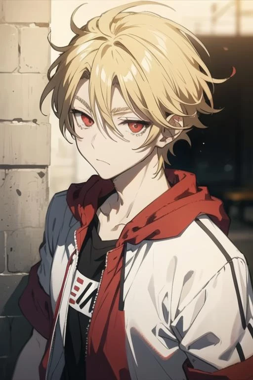masterpiece, best quality, high quality, 1boy, solo, male focus, looking at viewer, upper body, <lora:king_of_despair:0.56>, king_of_despair, red eyes, blonde hair, hair between eyes, , sportswear