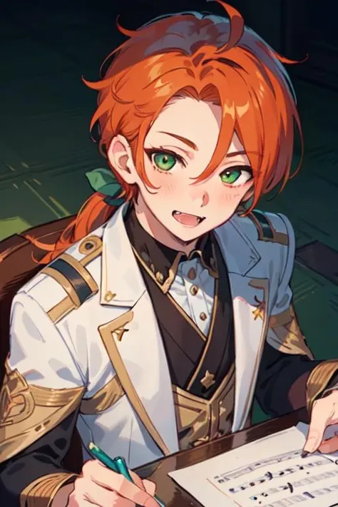 (1boy:1.3), (male focus:1.3), (solo:1.1), solo focus, masterpiece, ((exquisite_detail)), illustration, (handsome), extremely_detailed_CG, leo tsukinaga from ensemble stars, bright orange hair, green eyes, smiling, blushing, fangs, middle parting bangs, low loose ponytail, forehead, messy medium-to-long hair, writing music, looking up at viewer