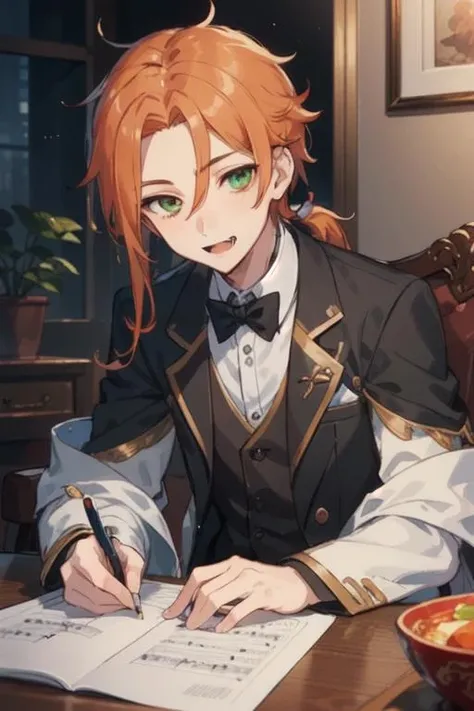 (1boy:1.3), (male focus:1.3), (solo:1.1), solo focus, masterpiece, ((exquisite_detail)), illustration, (handsome), extremely_detailed_CG, leo tsukinaga from ensemble stars, bright orange hair, green eyes, smiling, blushing, fangs, middle parting bangs, low loose ponytail, forehead, messy medium-to-long hair, writing music, looking up at viewer