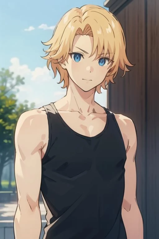 masterpiece, best quality, high quality, 1boy, solo, male focus, looking at viewer, upper body, <lora:august_von_earlshide:0.64>, august_von_earlshide, blonde hair, blue eyes, realistic, tank top